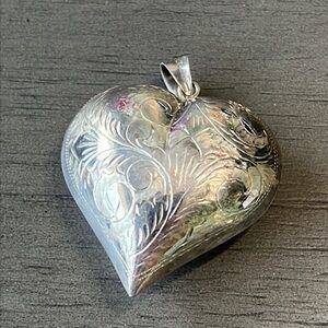 Large Sterling Silver Vintage Puffy Heart Pendant Etched